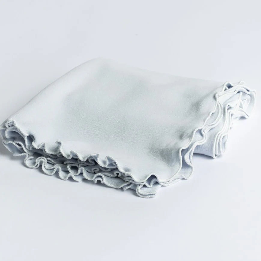 Lettuce Leaf Receiving Blanket w/Ribbon Tie, Blue w/ White Trim