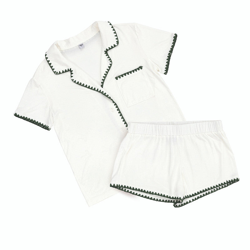 Short Bamboo PJ Set - White + Forest Green Whip Stitch