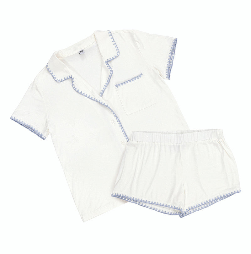 Short Bamboo PJ Set - White + Spa Blue Whip Stitch