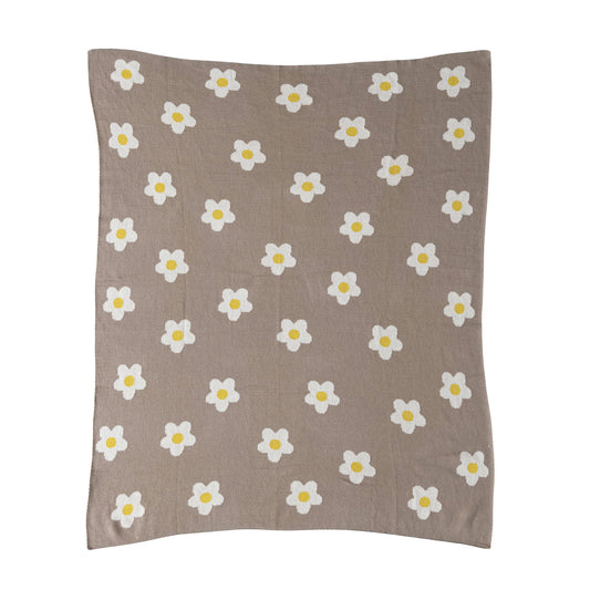 Cotton Knit Baby Blanket w/ Flowers
