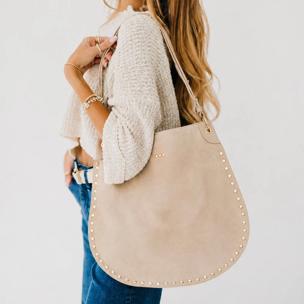 Rosalie Rivet Suede Hobo Bag- Oat