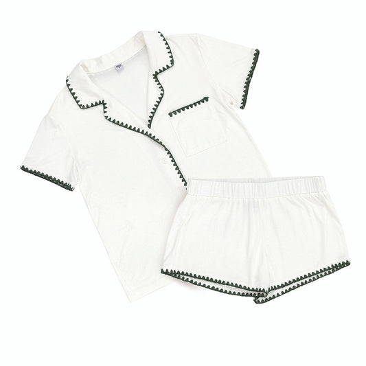 Short Bamboo PJ Set - White + Forest Green Whip Stitch