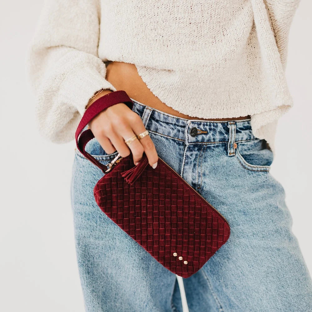 Suede Emma Woven Clutch Wristlet- Burgundy