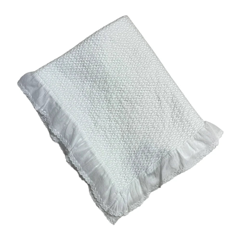 Stonewashed Puckered Blanket, White w/Dotted Swiss Ruffle
