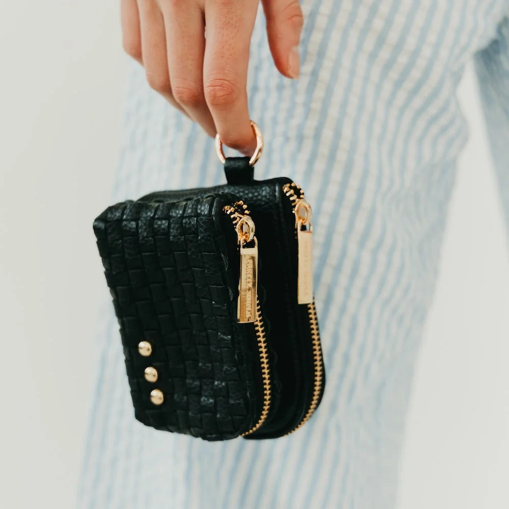 Woven Cameron Double Zip Clippable Card Wallet- Black