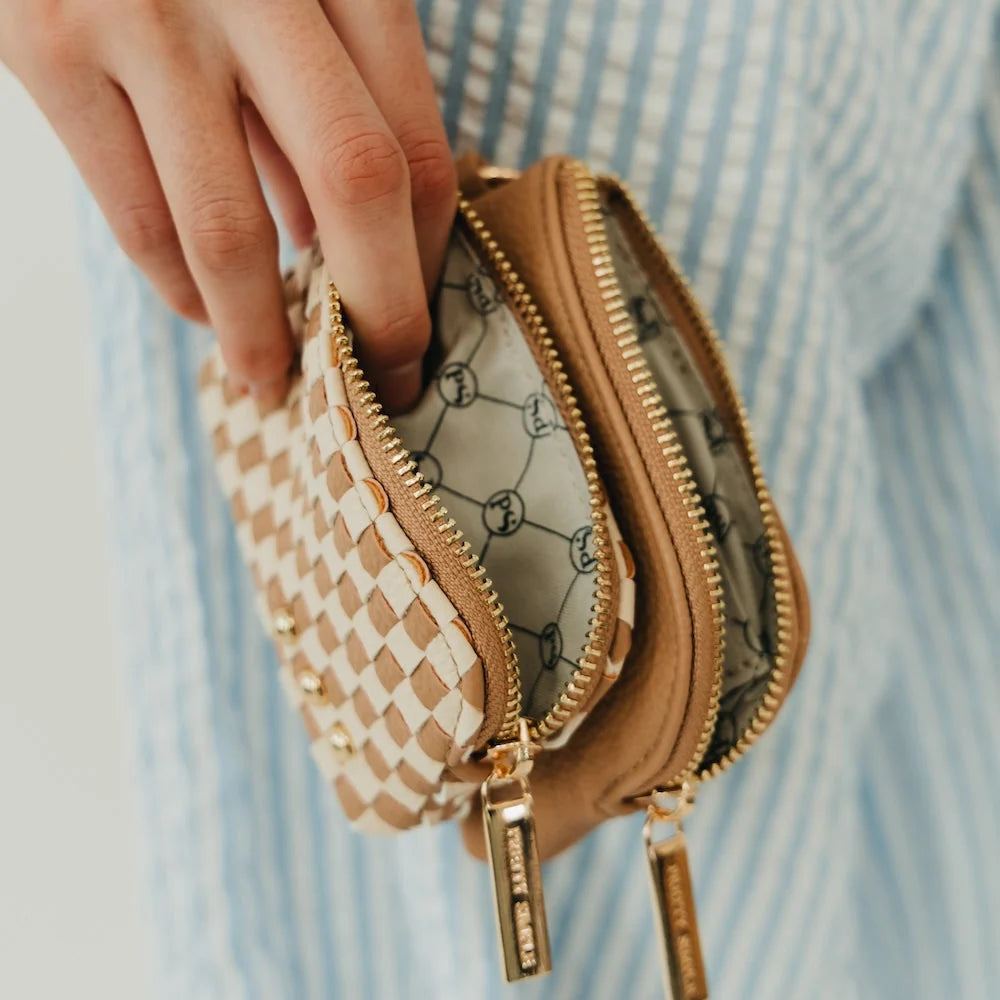 Woven Cameron Double Zip Clippable Card Wallet- Checkered Tan